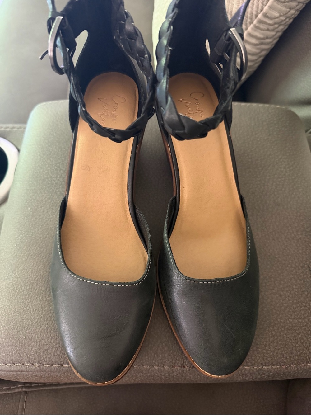 Crown Vintage Black Braided-Ankle Wedge Pumps